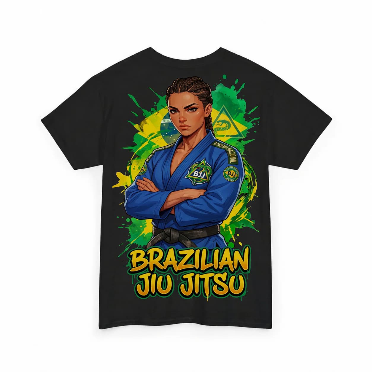 Brazilian Jiu Jitsu Women black cotton tee garment back mockup