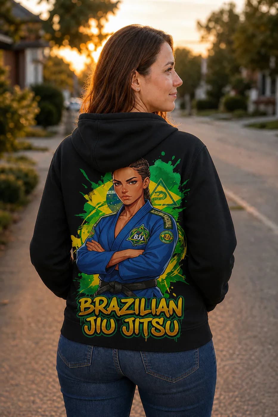 Brazilian Jiu Jitsu Women black hoodie person back mockup