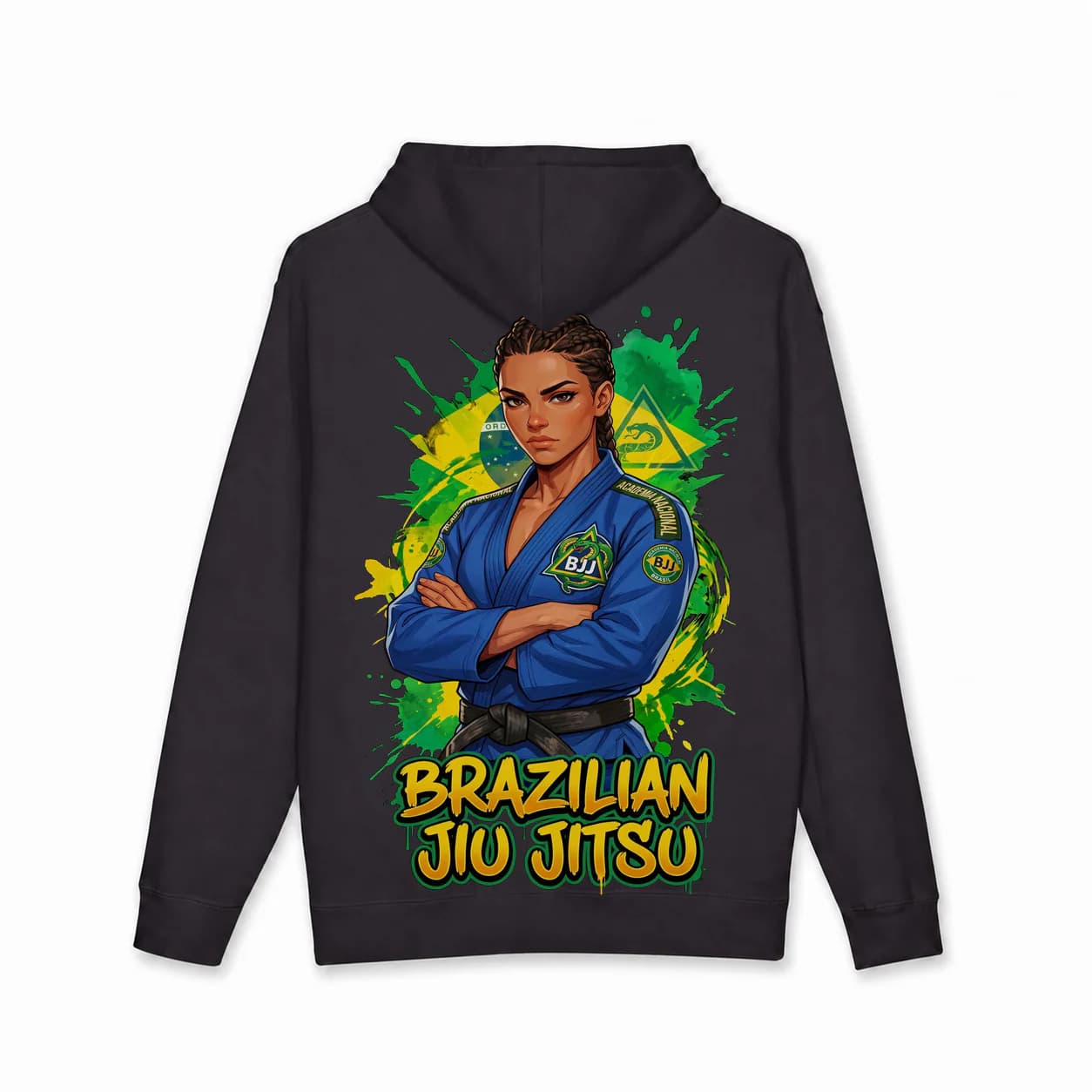 Brazilian Jiu Jitsu Women black hoodie garment back mockup