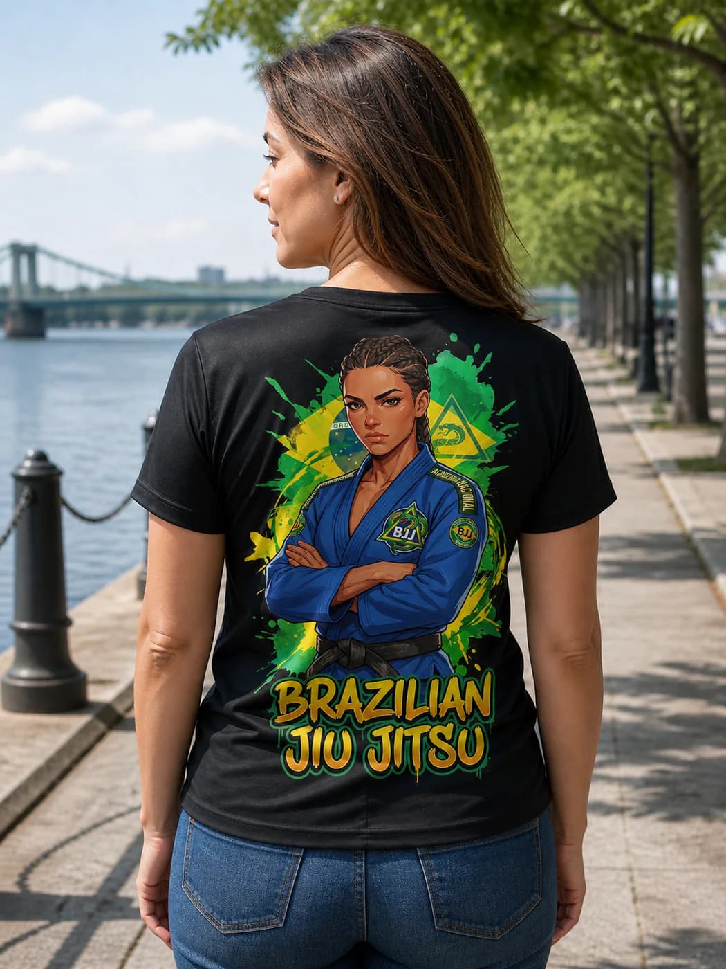 Brazilian Jiu Jitsu Women black performance tee person back mockup