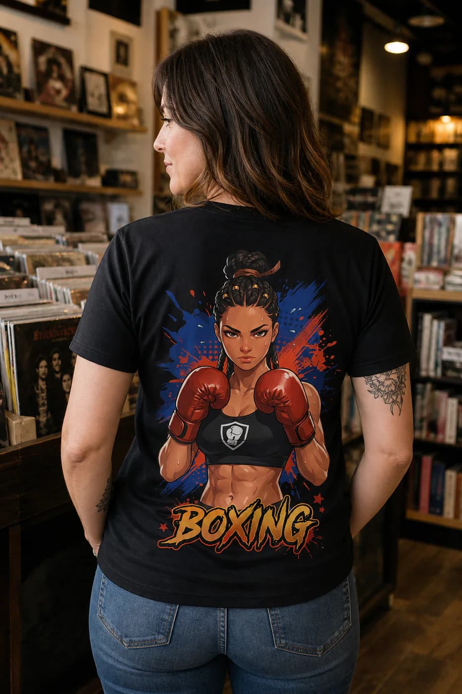 Boxing Women black cotton tee person back mockup