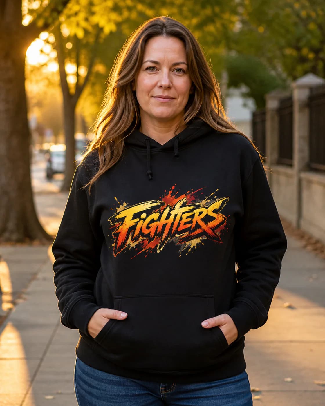 Boxing Women black hoodie person front mockup