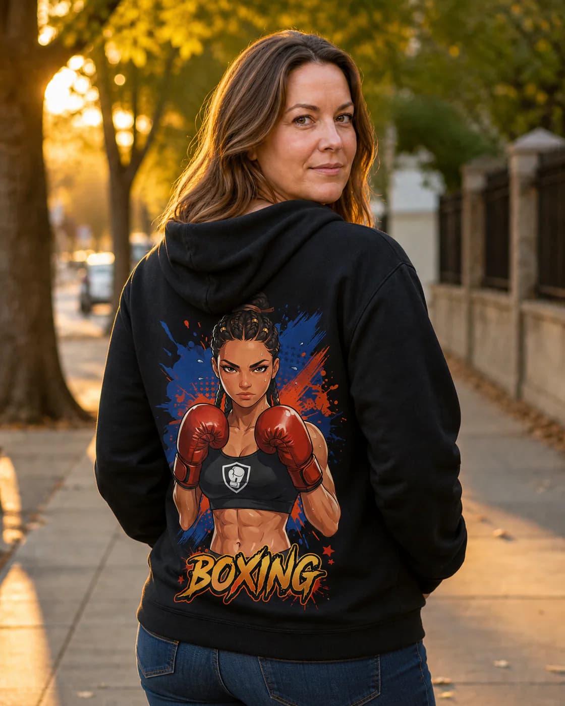 Boxing Women black hoodie person back mockup