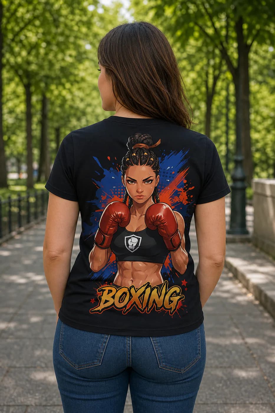 Boxing Women black performance tee person back mockup