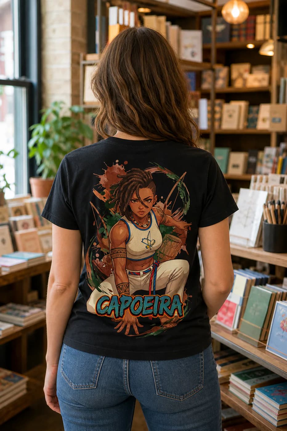 Capoeira Women black cotton tee person back mockup