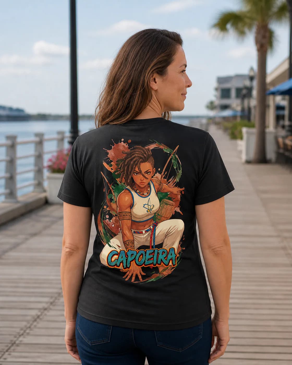 Capoeira Women black performance tee person back mockup