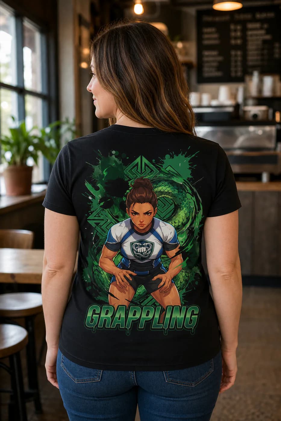 Grappling Women black cotton tee person back mockup
