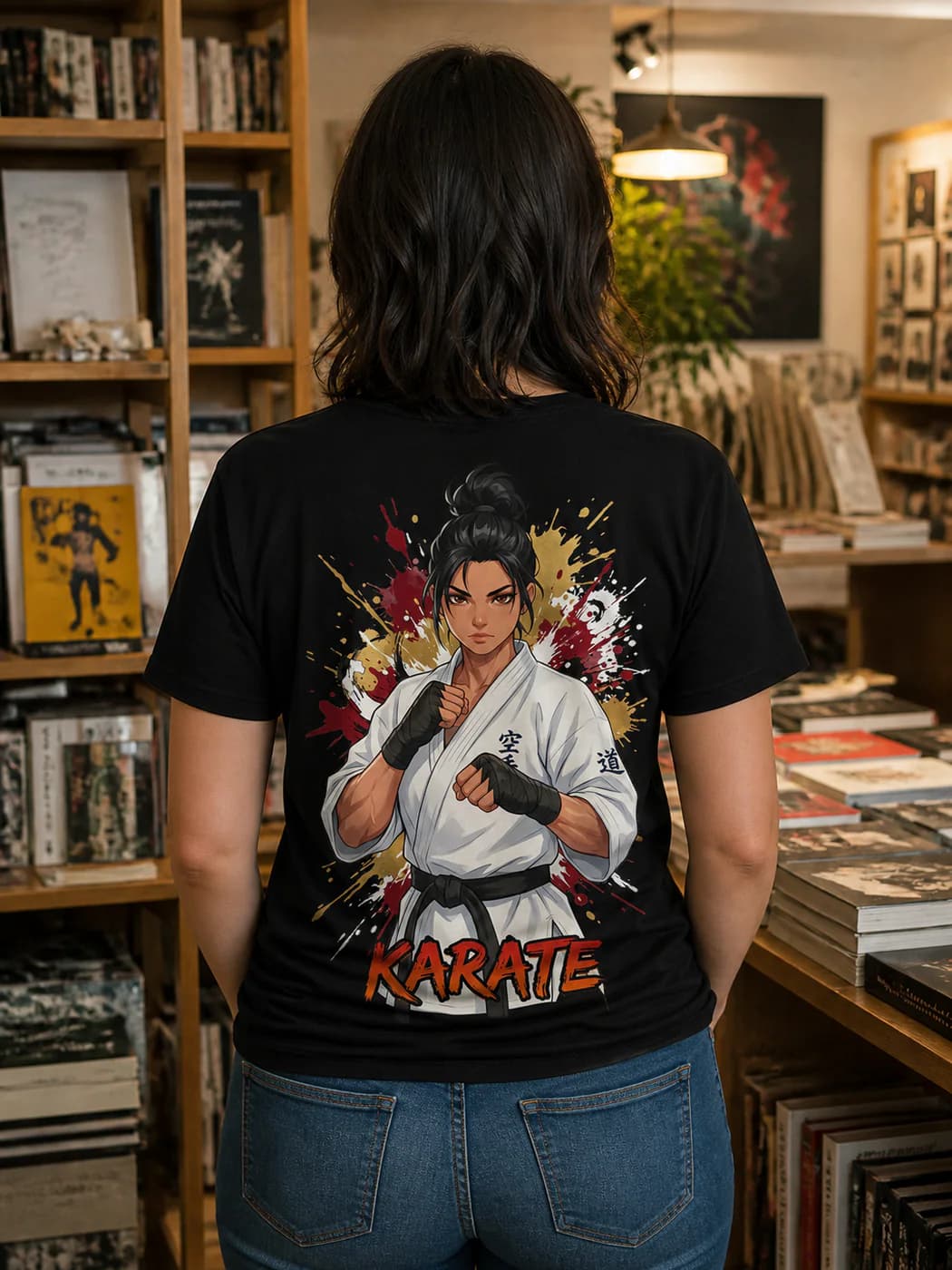 Karate Women black cotton tee person back mockup