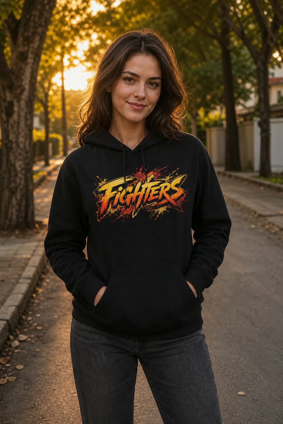 Karate Women black hoodie person front mockup