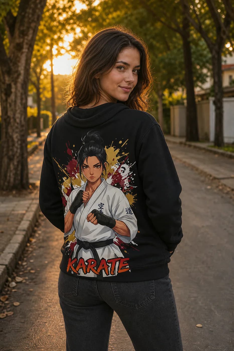Karate Women black hoodie person back mockup