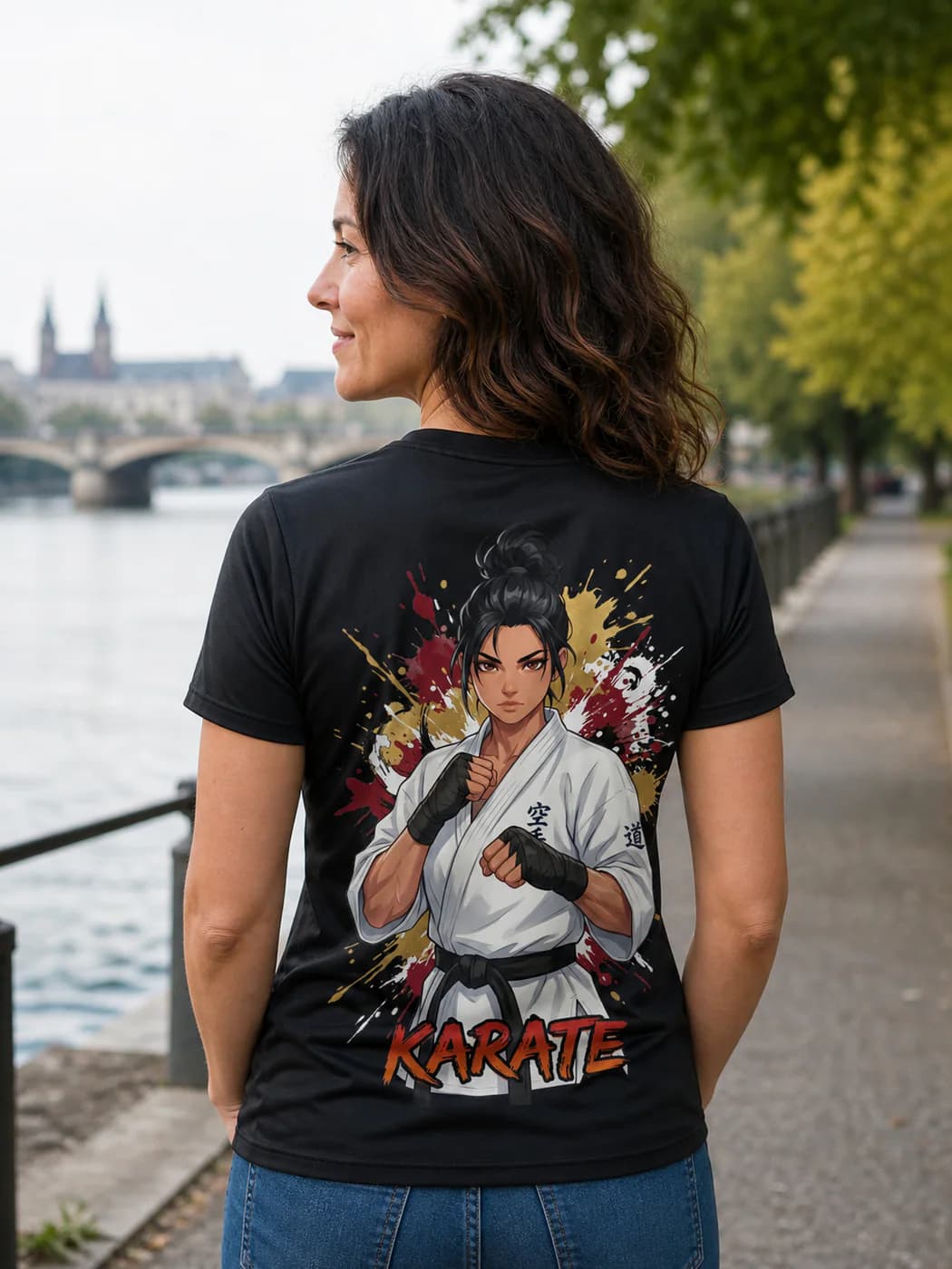 Karate Women black performance tee person back mockup