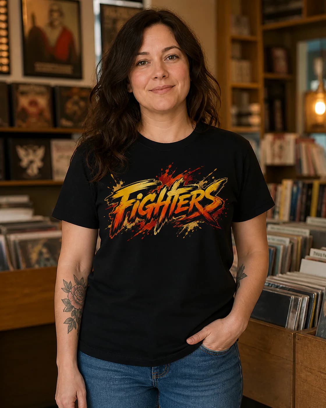 Kung Fu Women black cotton tee person front mockup