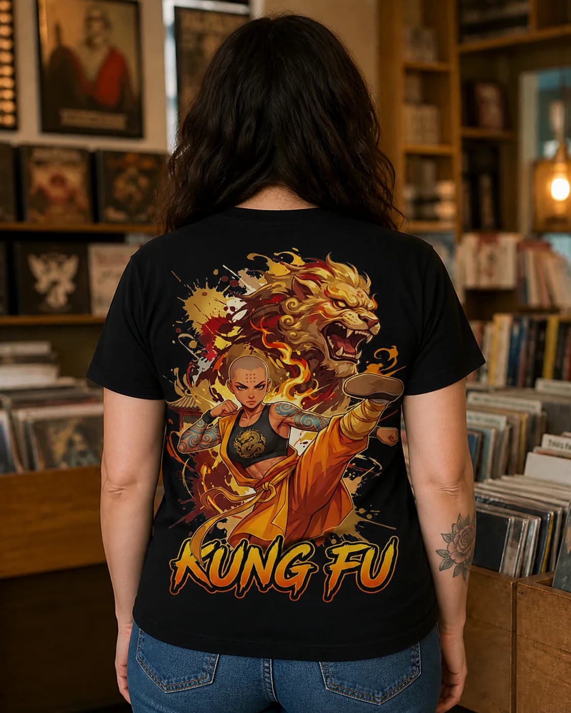 Kung Fu Women black cotton tee person back mockup