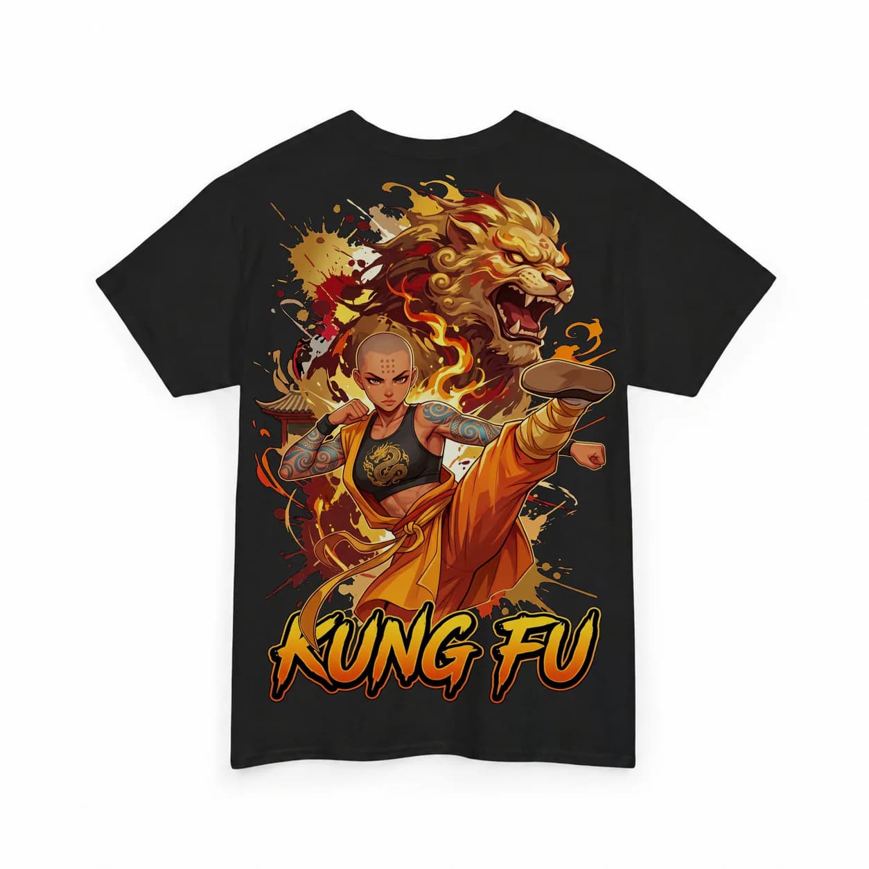 Kung Fu Women black cotton tee garment back mockup