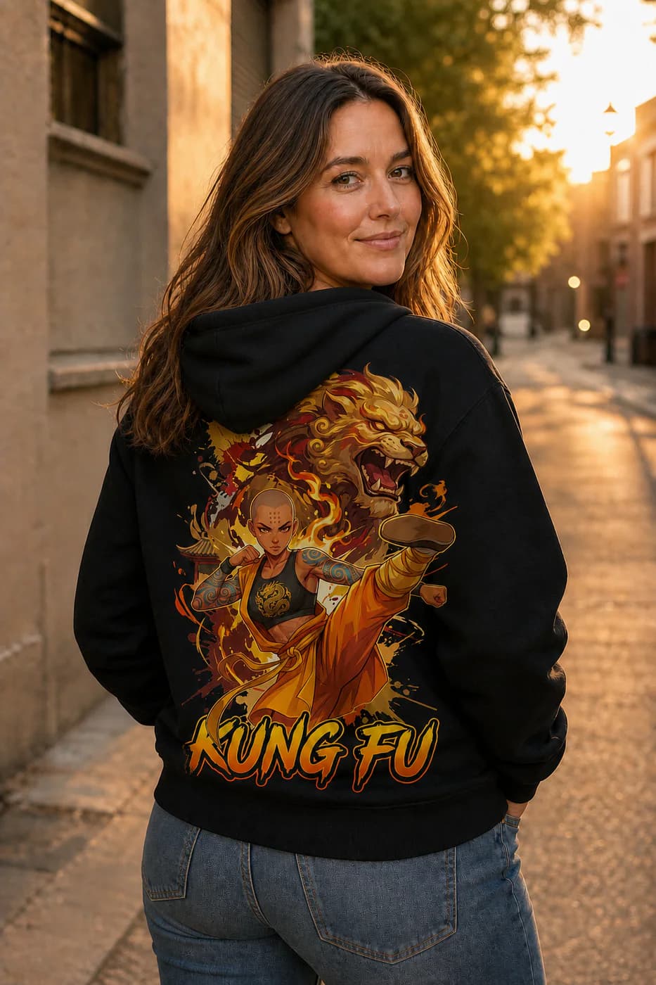 Kung Fu Women black hoodie person back mockup