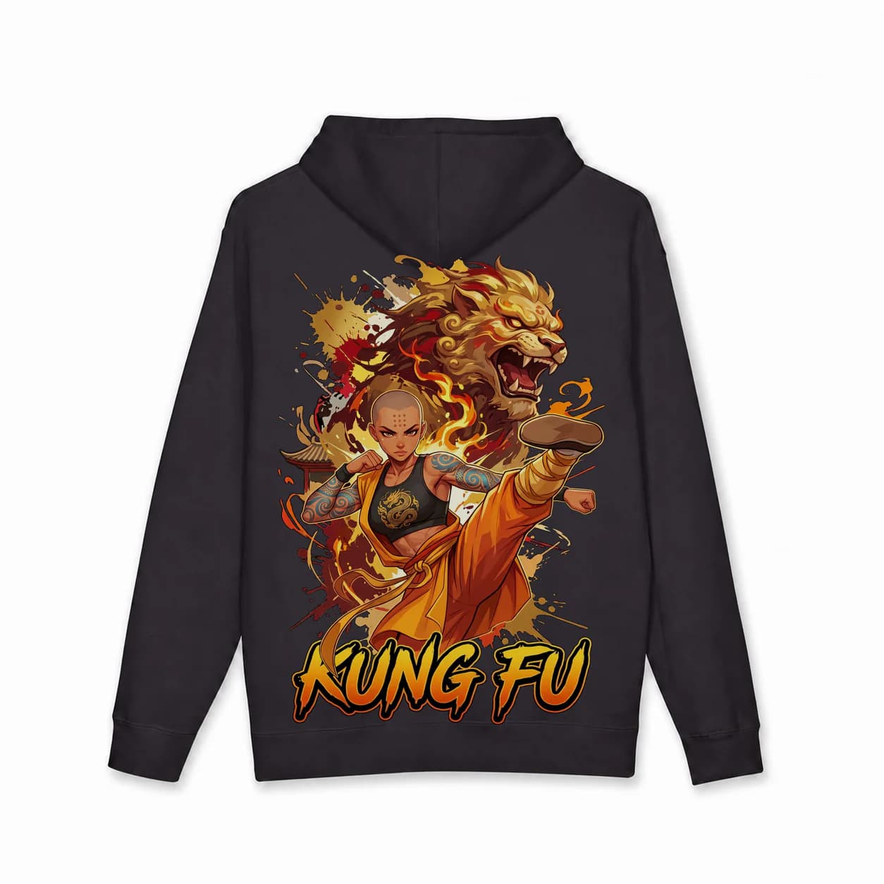 Kung Fu Women black hoodie garment back mockup
