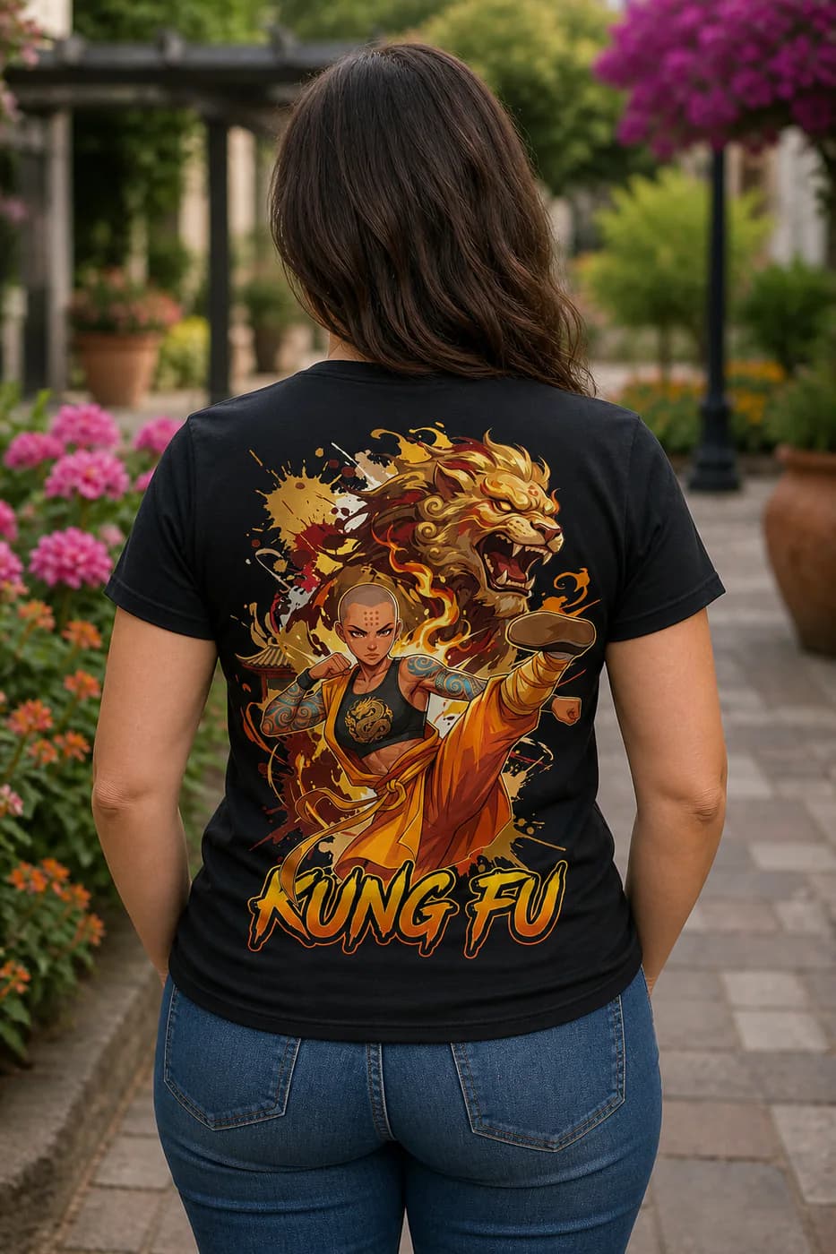 Kung Fu Women black performance tee person back mockup