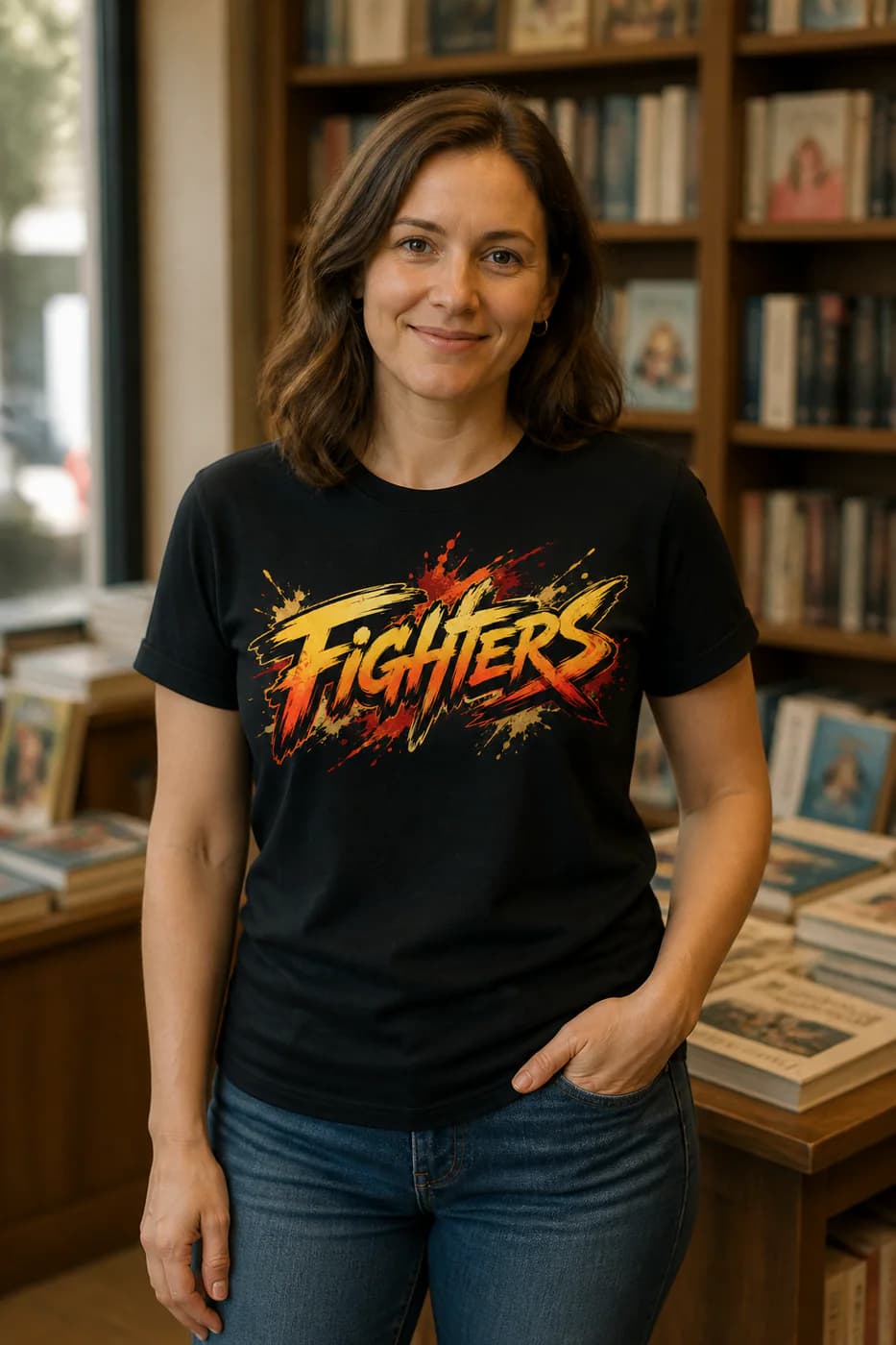 MMA Women black cotton tee person front mockup