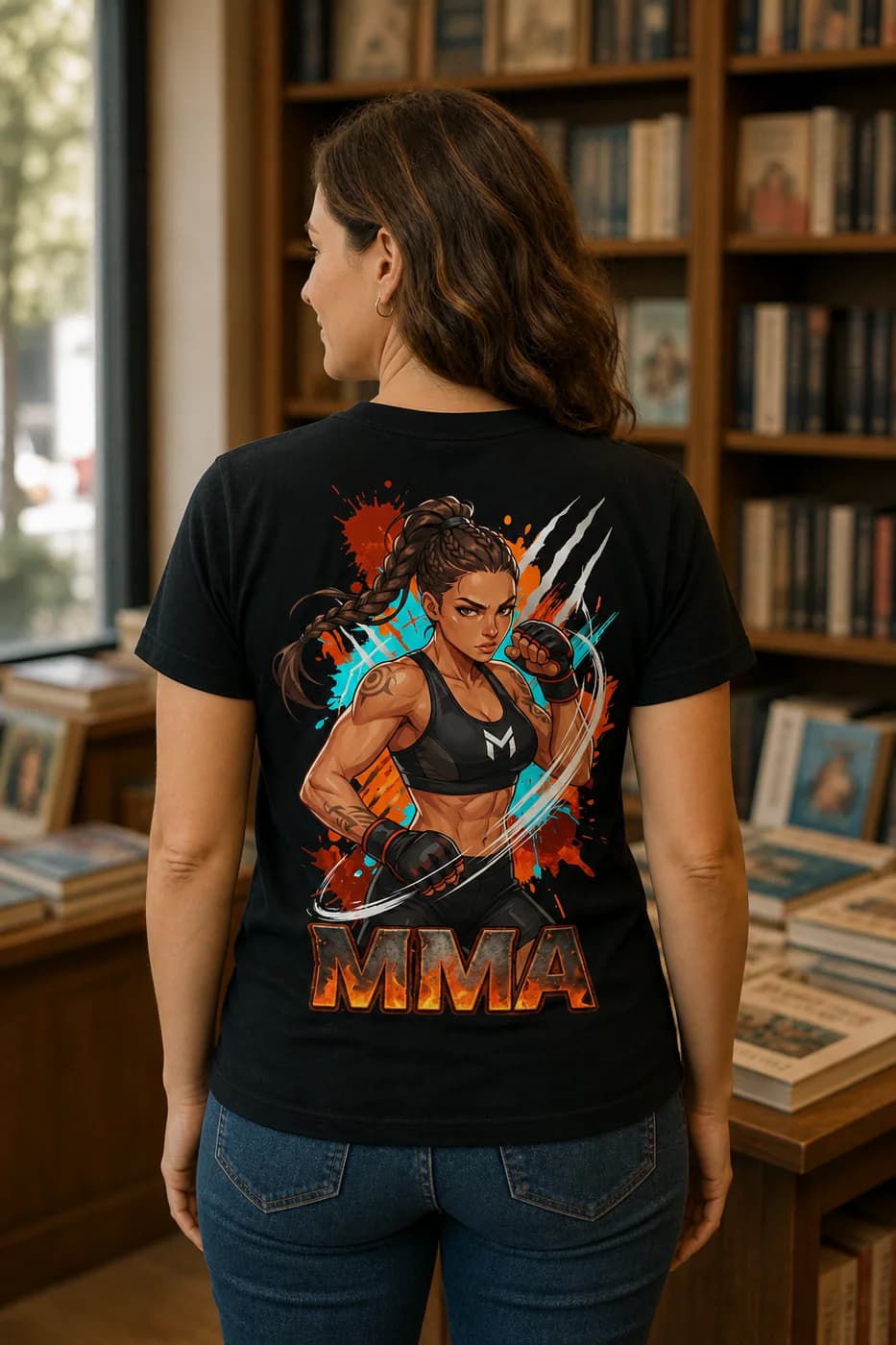 MMA Women black cotton tee person back mockup