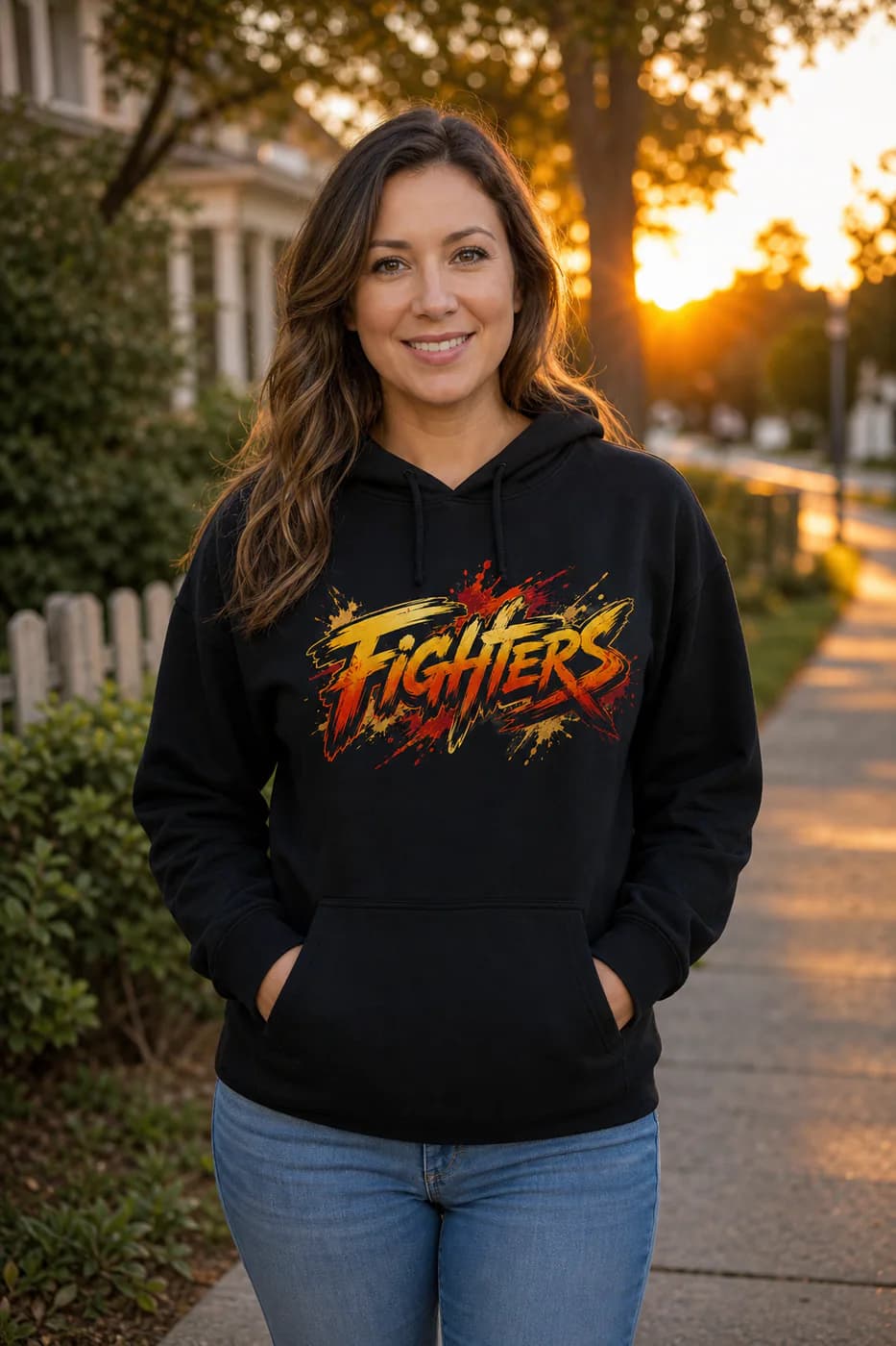 MMA Women black hoodie person front mockup
