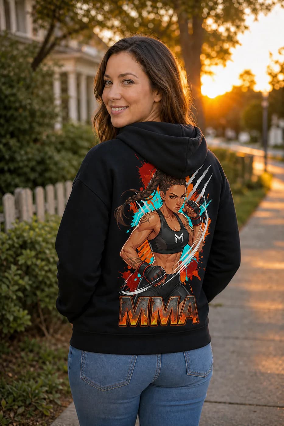MMA Women black hoodie person back mockup