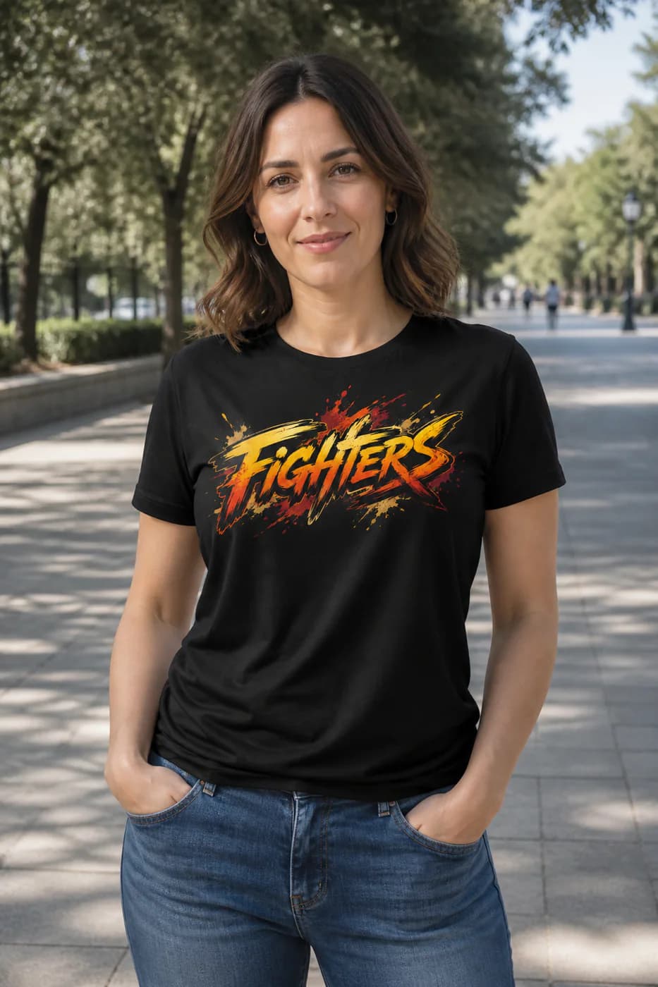 MMA Women black performance tee person front mockup