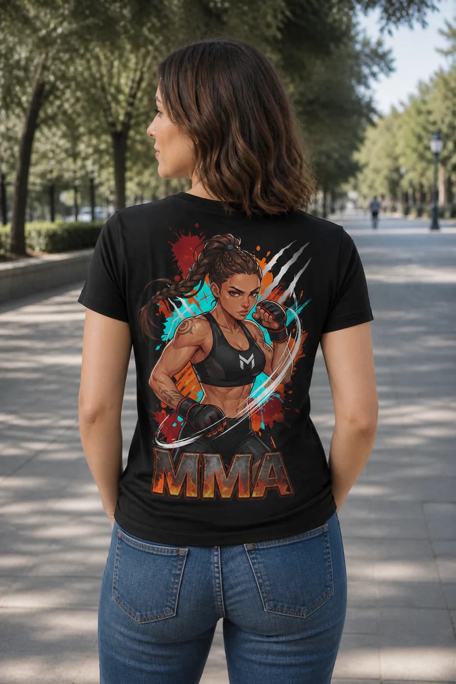 MMA Women black performance tee person back mockup