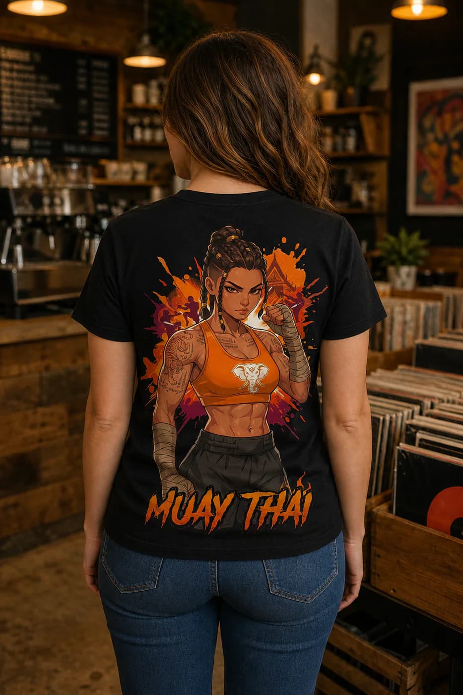 Muay Thai Women black cotton tee person back mockup
