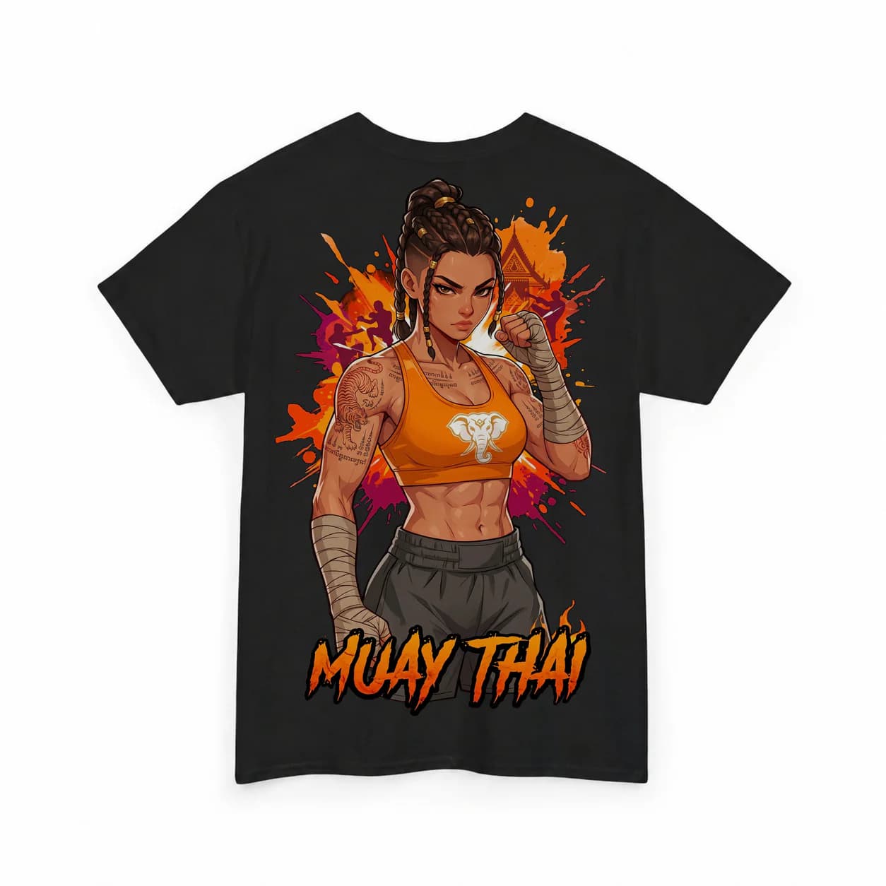 Muay Thai Women black cotton tee garment back mockup