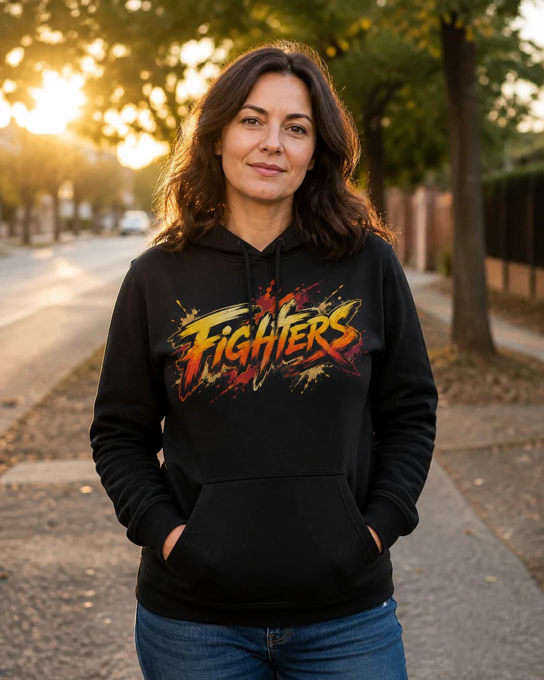 Muay Thai Women black hoodie person front mockup