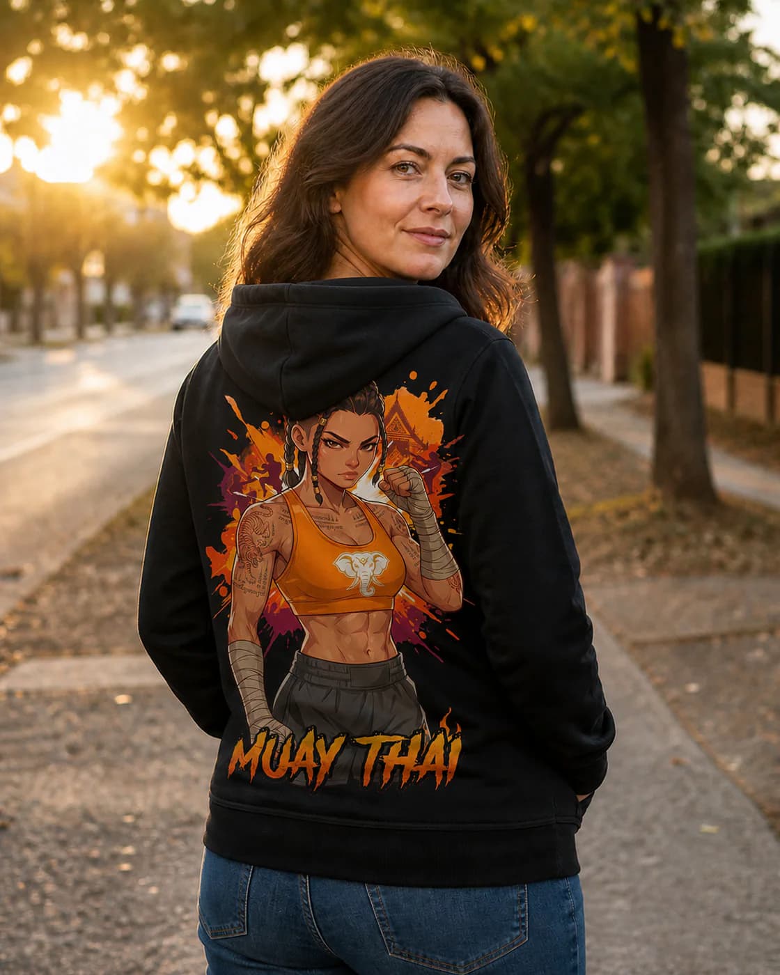 Muay Thai Women black hoodie person back mockup