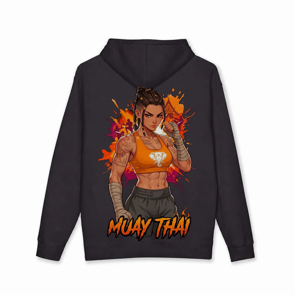 Muay Thai Women black hoodie garment back mockup
