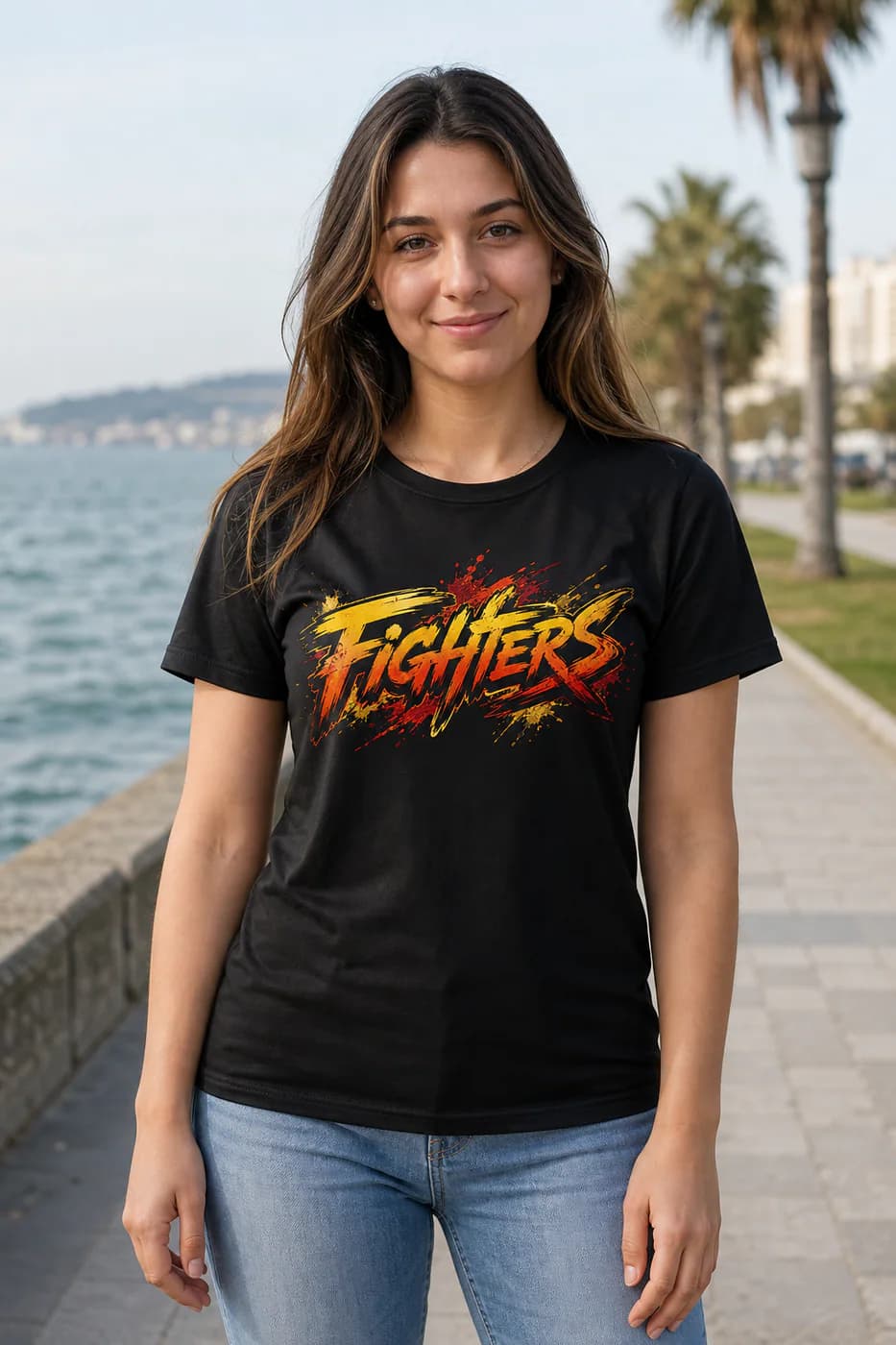 Muay Thai Women black performance tee person front mockup