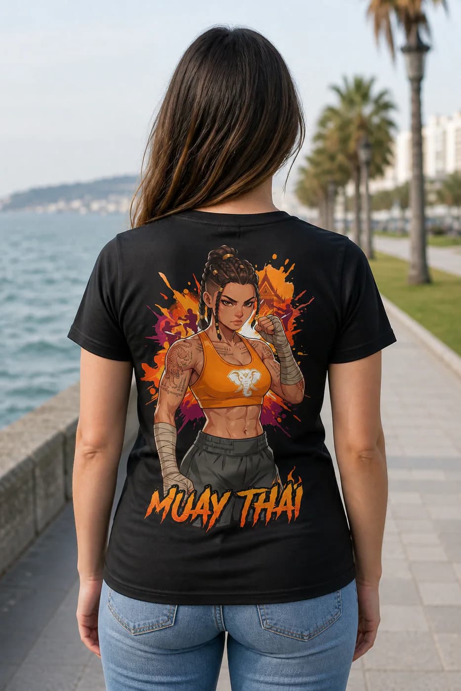 Muay Thai Women black performance tee person back mockup
