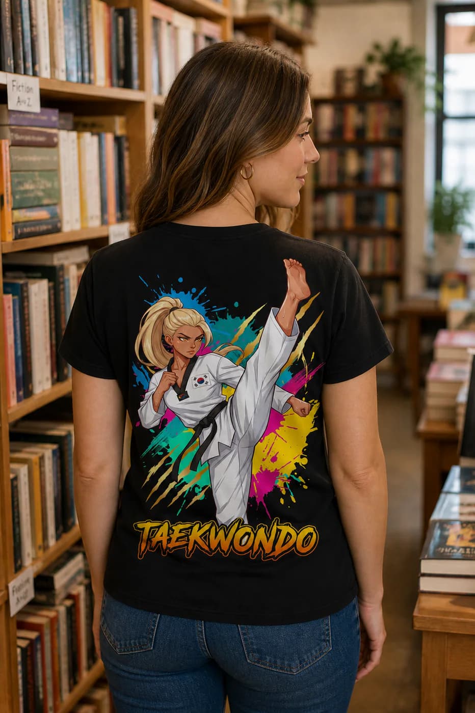 Taekwondo Women black cotton tee person back mockup