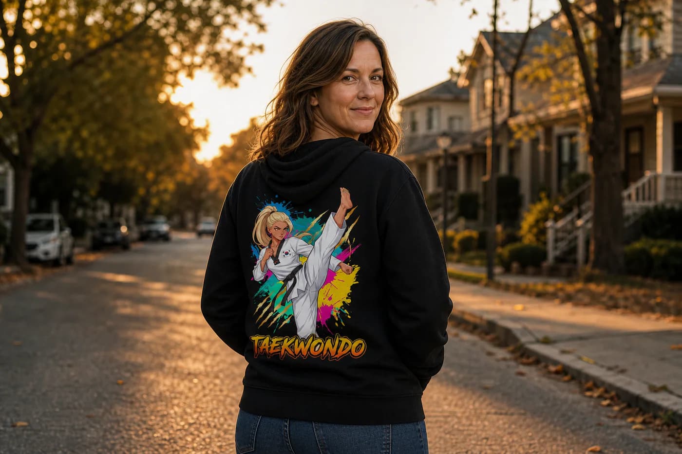 Taekwondo Women black hoodie person back mockup