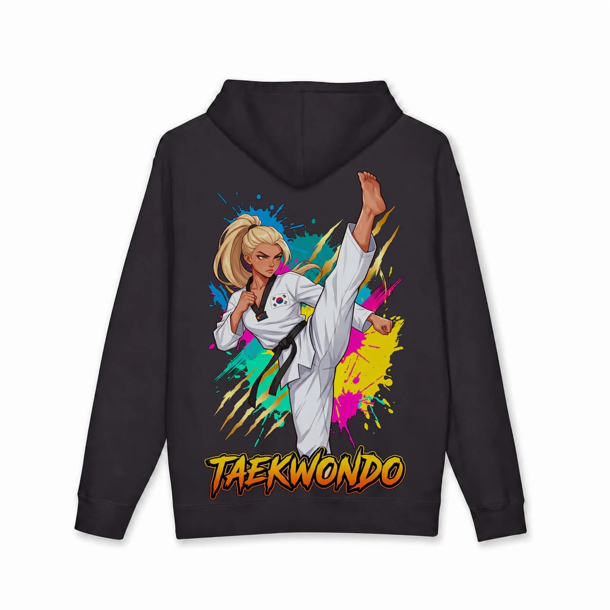 Taekwondo Women black hoodie garment back mockup