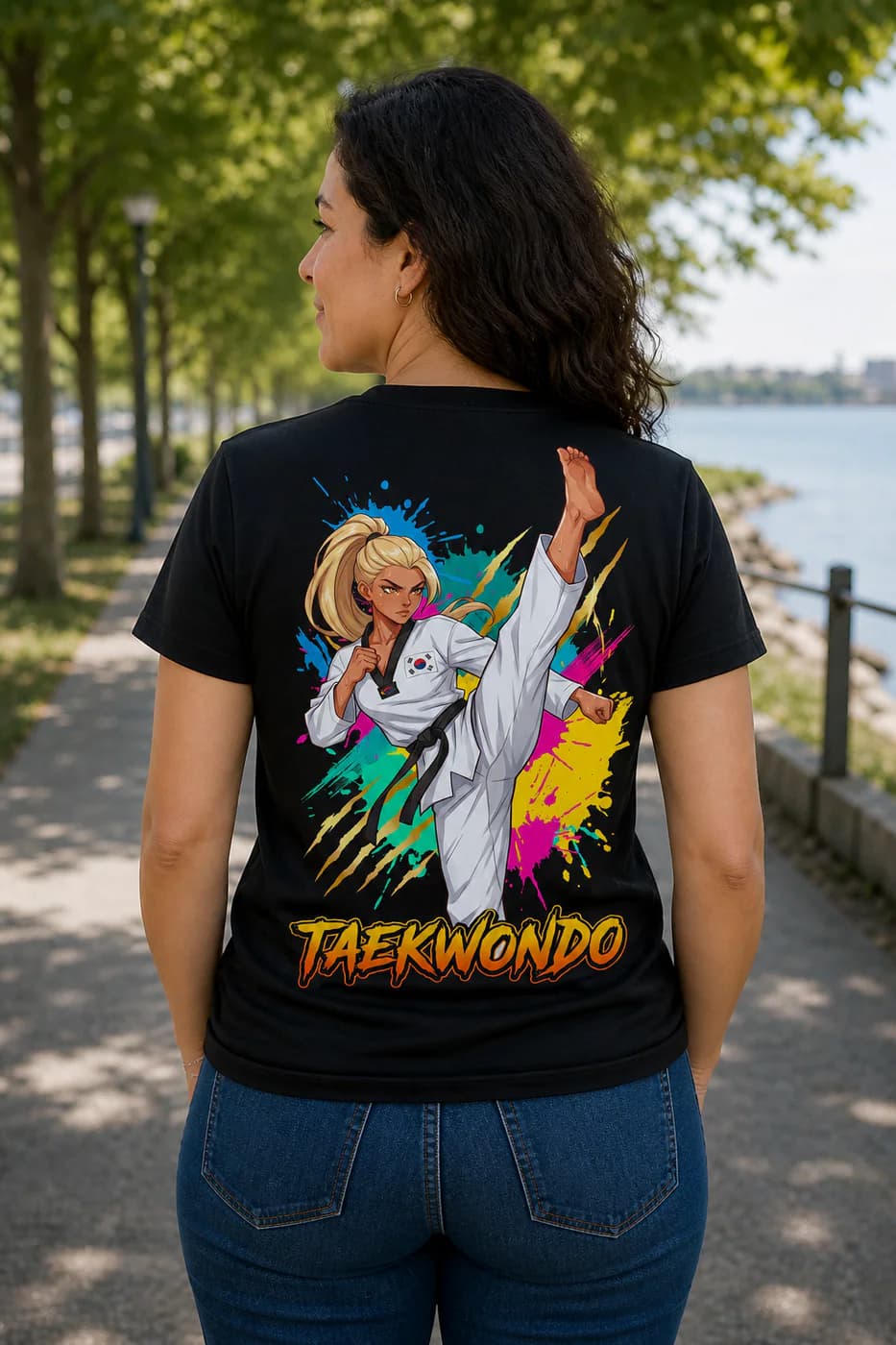 Taekwondo Women black performance tee person back mockup