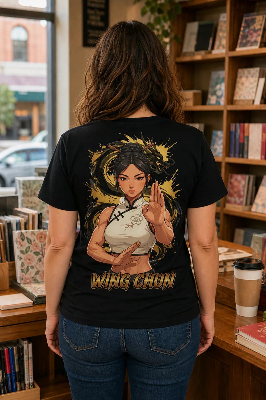 Wing Chun Women black cotton tee person back mockup