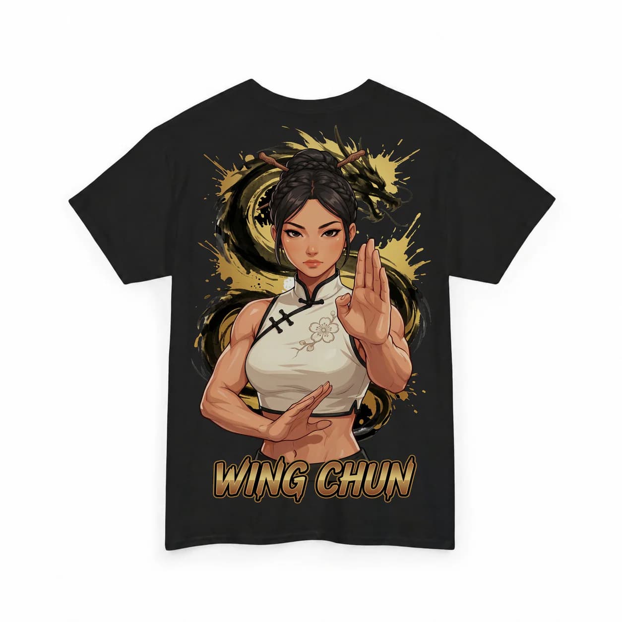 Wing Chun Women black cotton tee garment back mockup