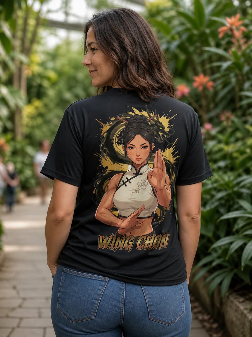 Wing Chun Women black performance tee person back mockup