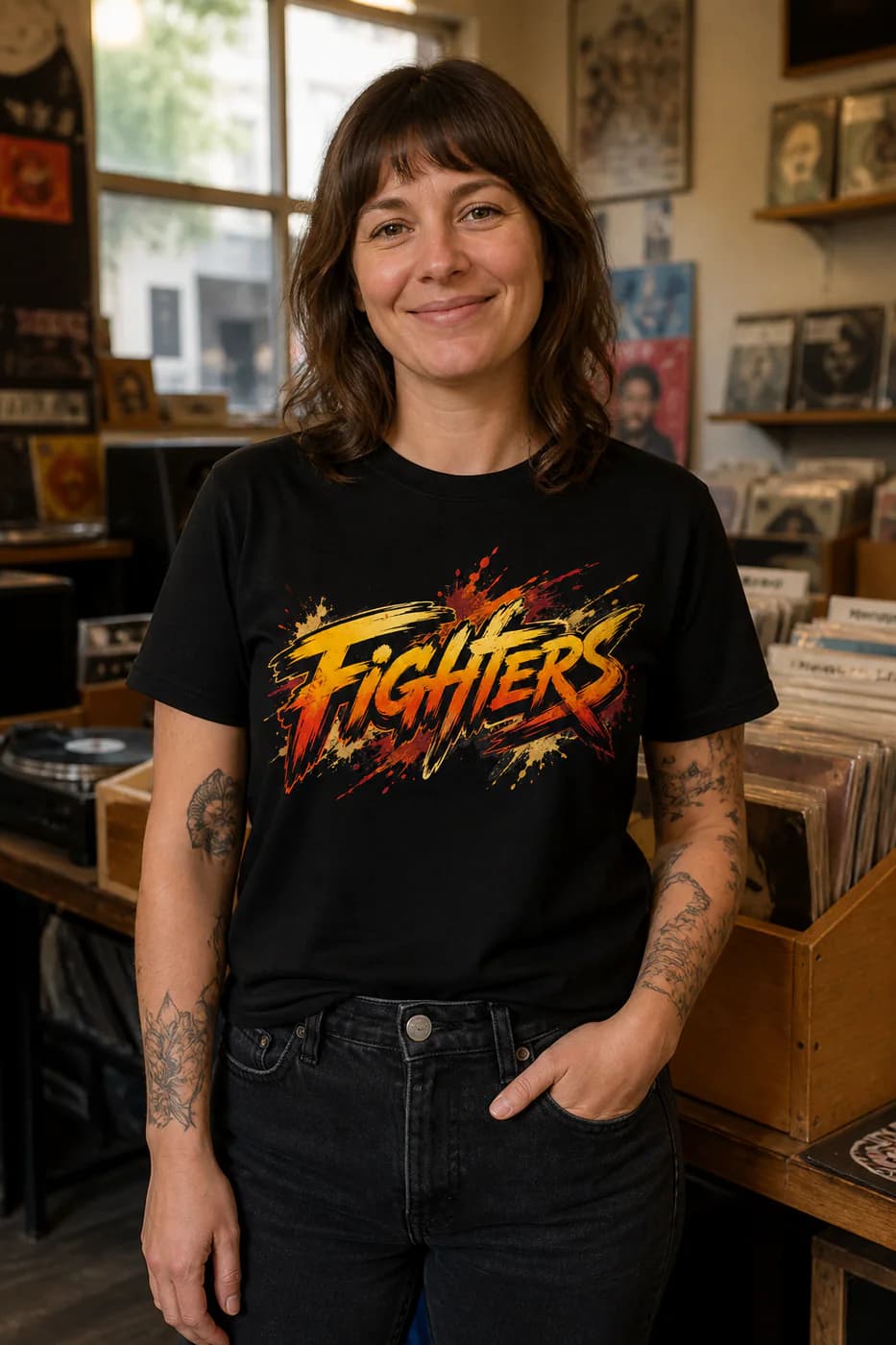 Wrestling Women black cotton tee person front mockup