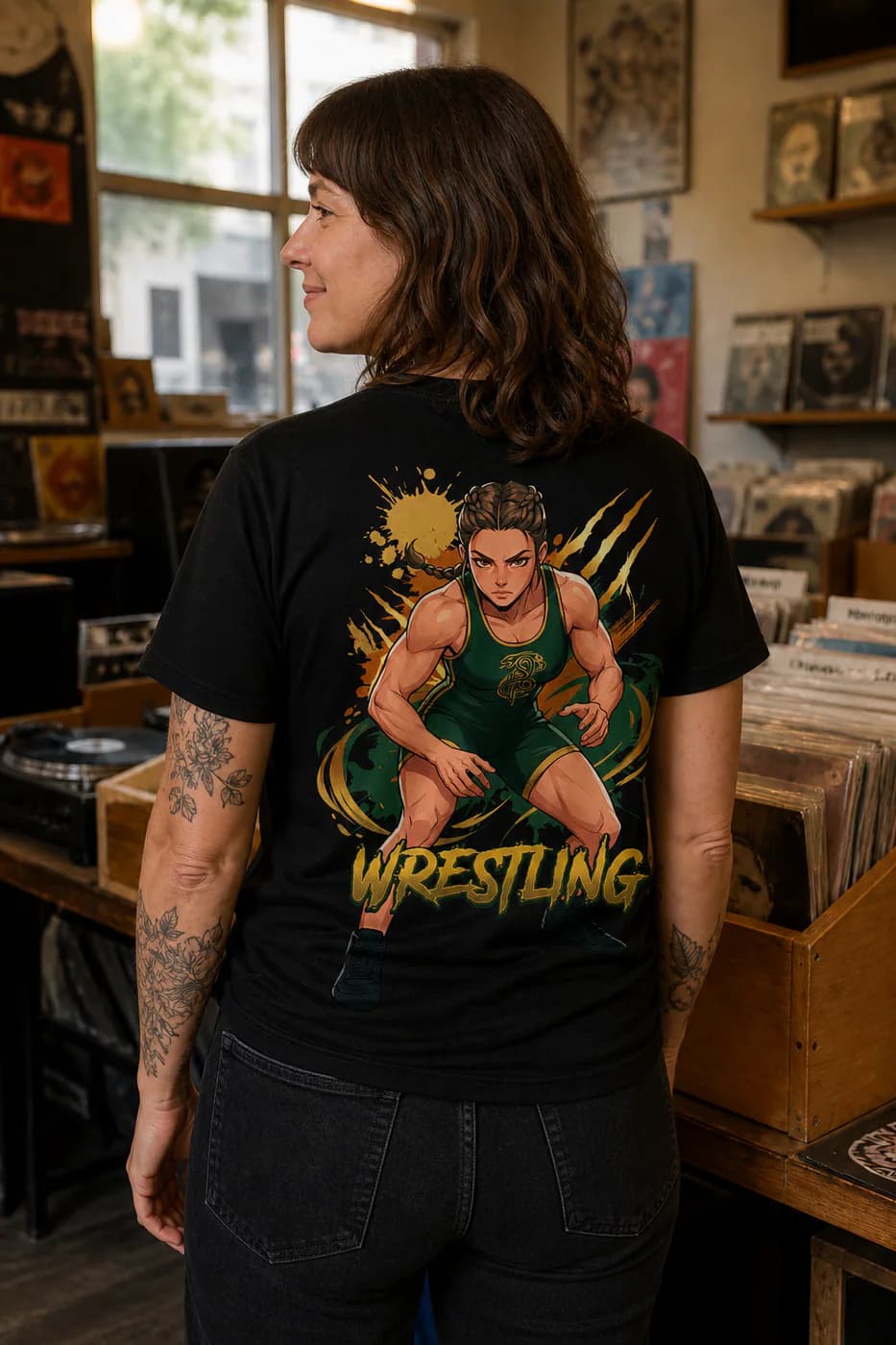 Wrestling Women black cotton tee person back mockup