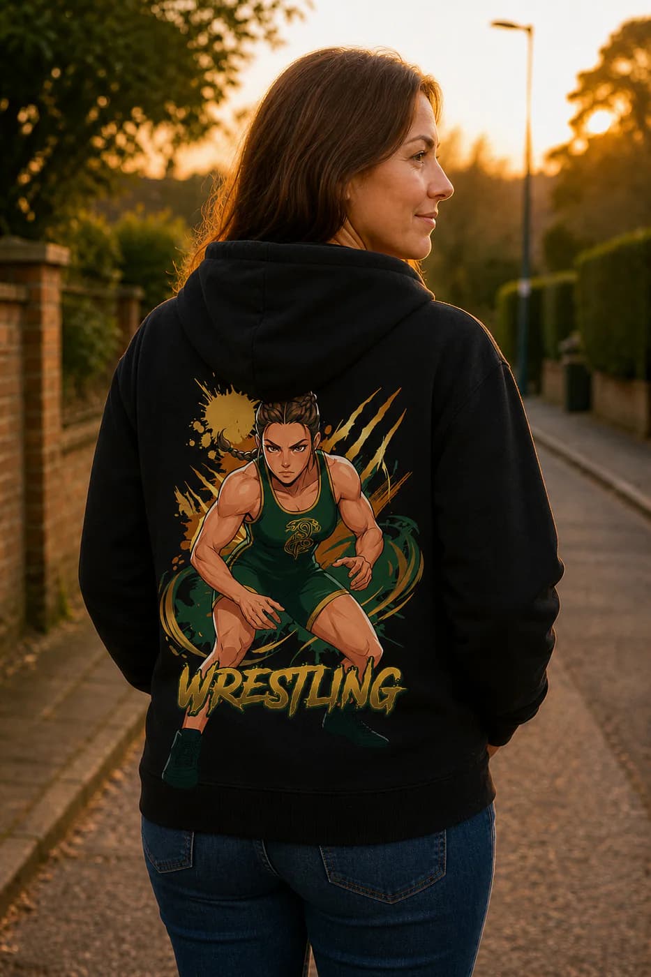 Wrestling Women black hoodie person back mockup