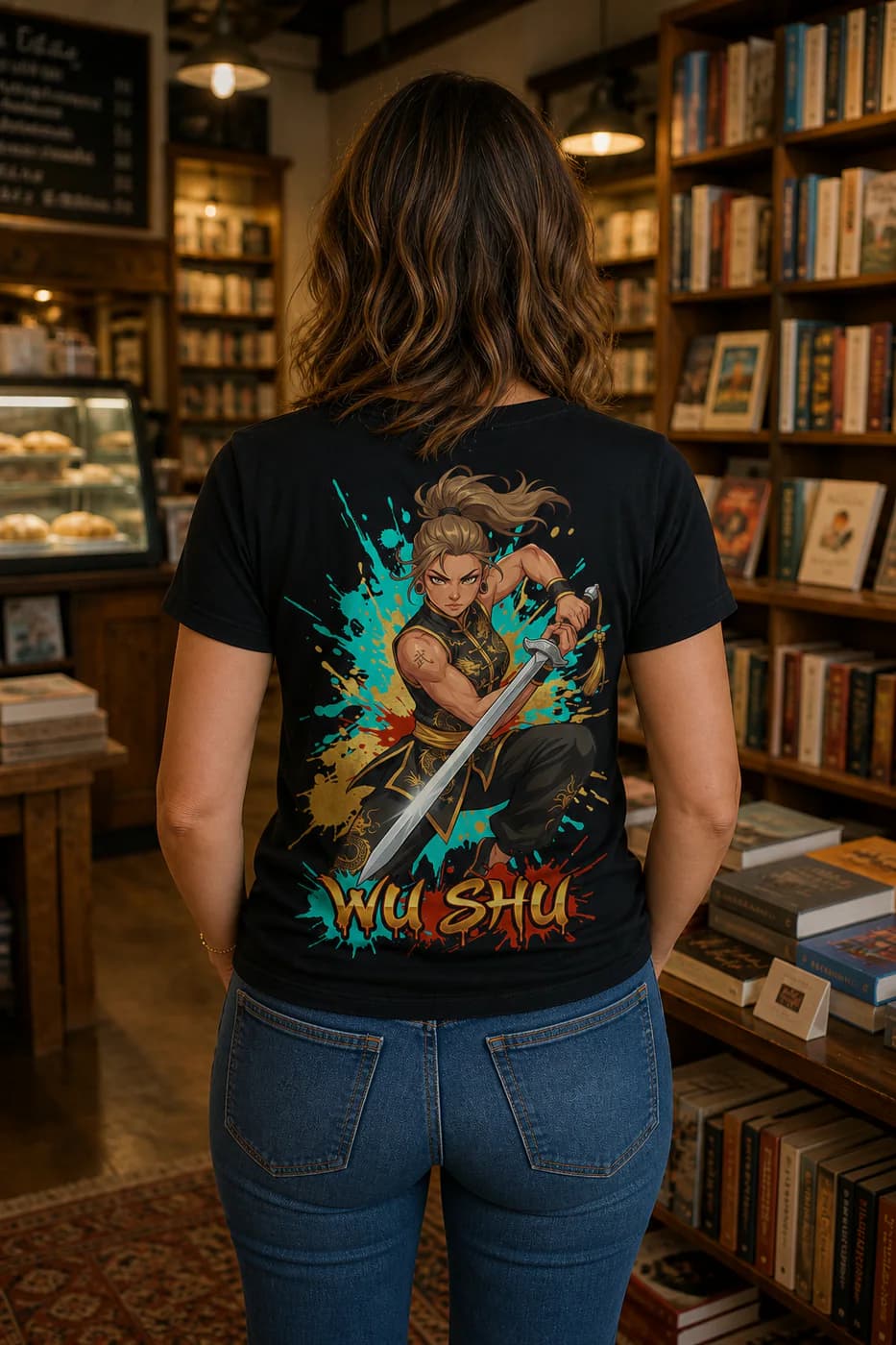 Wu Shu Women black cotton tee person back mockup