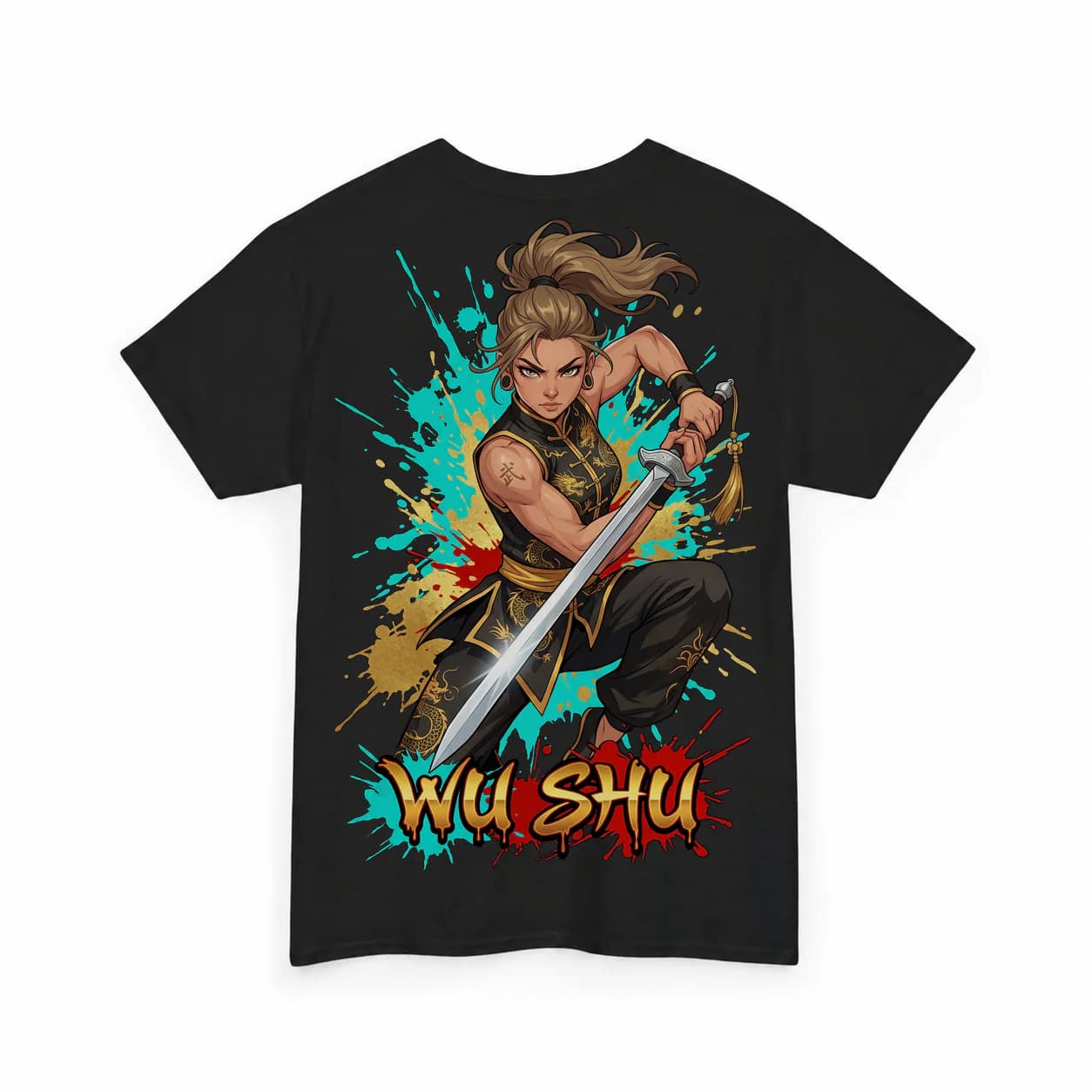 Wu Shu Women black cotton tee garment back mockup