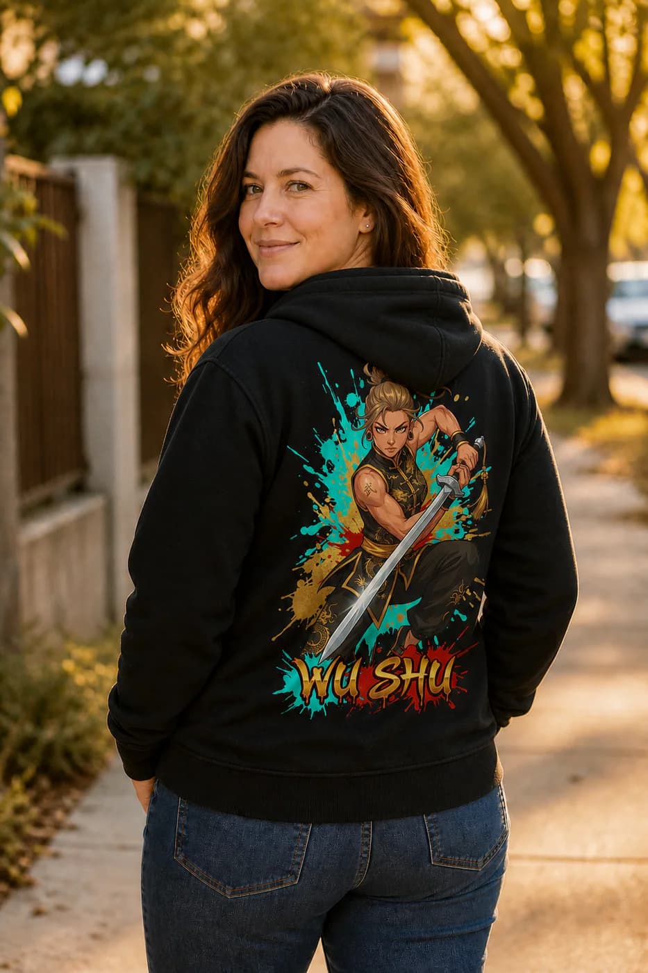 Wu Shu Women black hoodie person back mockup