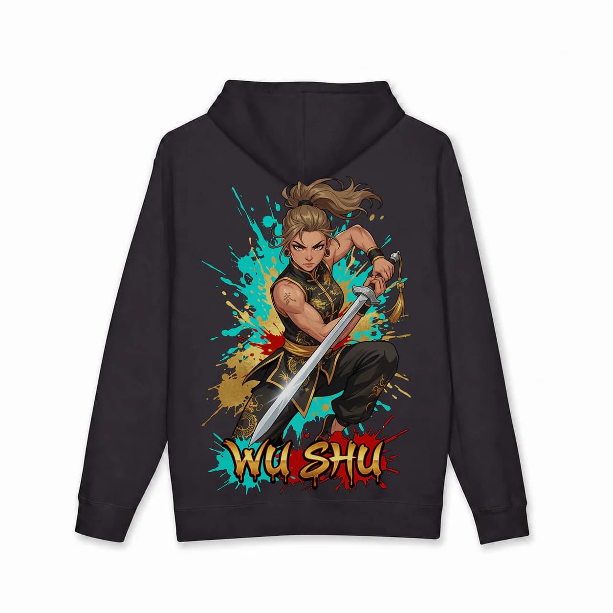 Wu Shu Women black hoodie garment back mockup