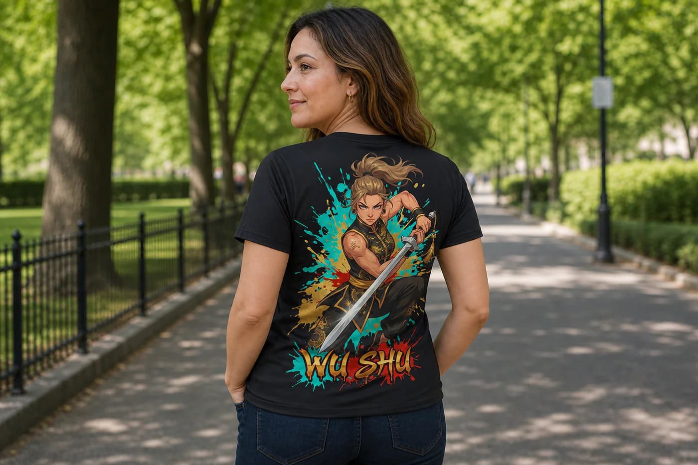 Wu Shu Women black performance tee person back mockup