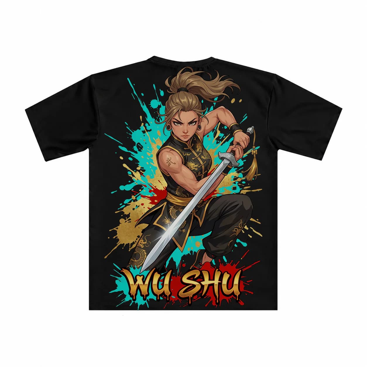 Wu Shu Women black performance tee garment back mockup